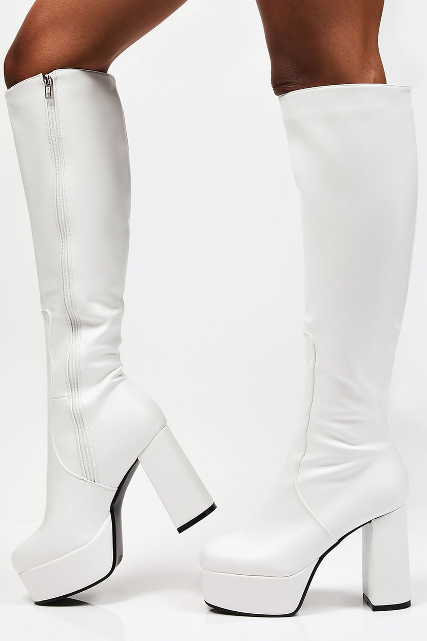 White Chunky Platform Block Heel Knee High Boots Floralkini 