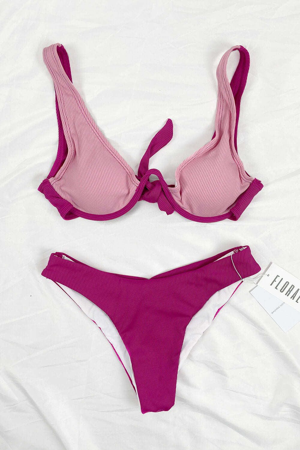 Hot Pink Ribbed Colorblock Triangle Bikini Top – FloralKini
