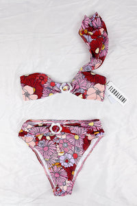 Marsala Floral Ruffle One Shoulder Bikini Top With Flower Buckle Detail