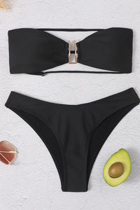 Black Bandeau Bikini Top With A U-Shaped Metal Link