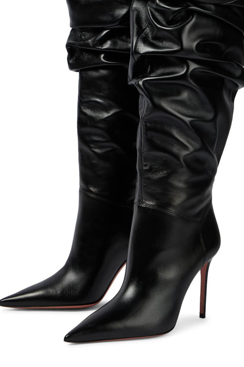 Ruched Knee-High Boots - Black