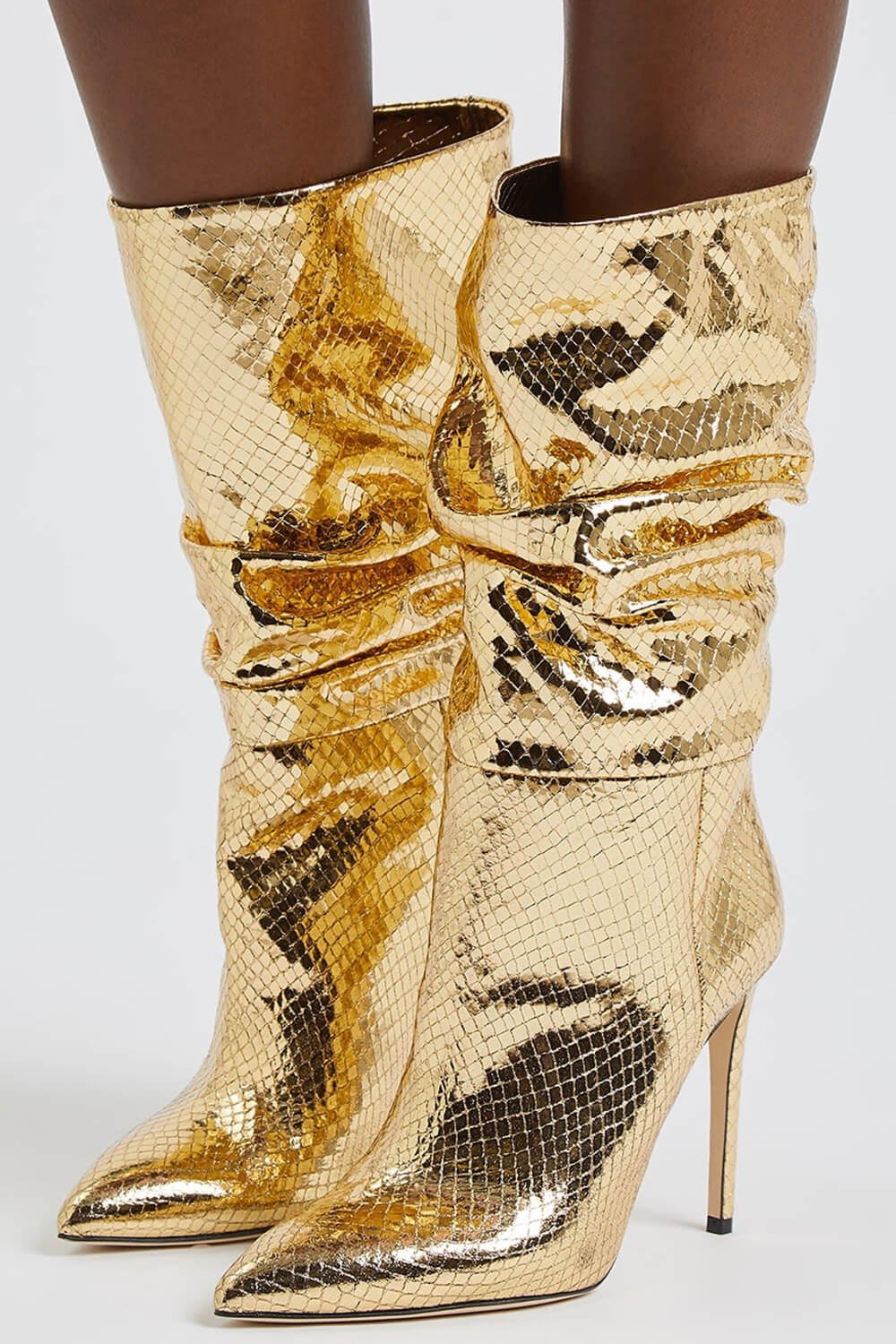 Ruched Metallic Python Slouch Slip-On Mid-Calf Pointed Toe