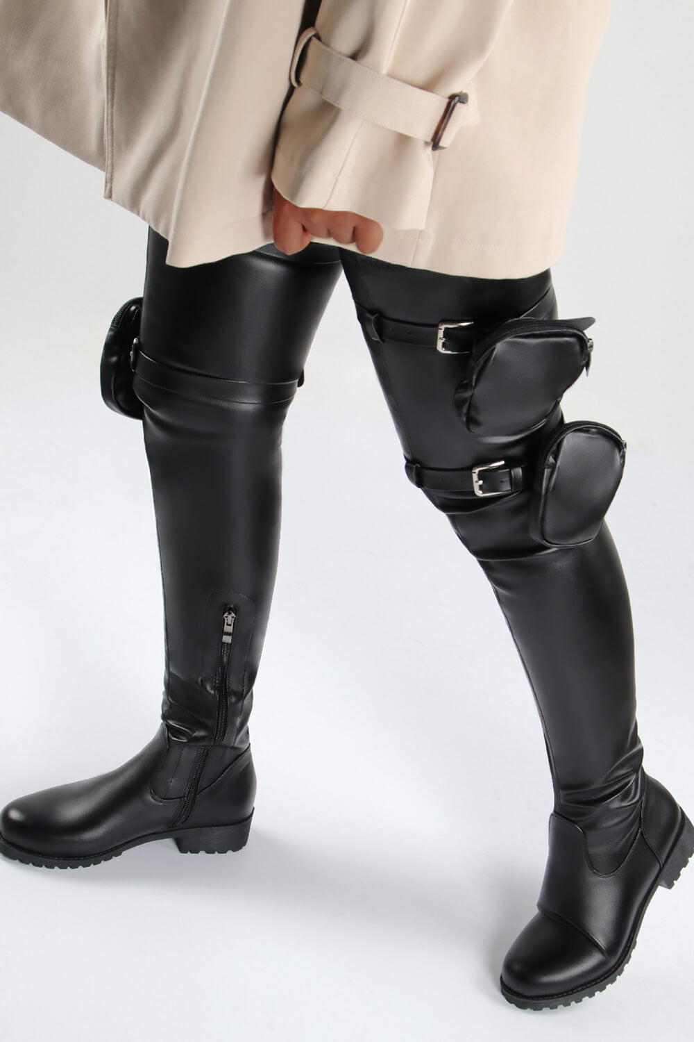 Faux Leather Pouch Detail Thigh High Flat Boots Black FloralKini