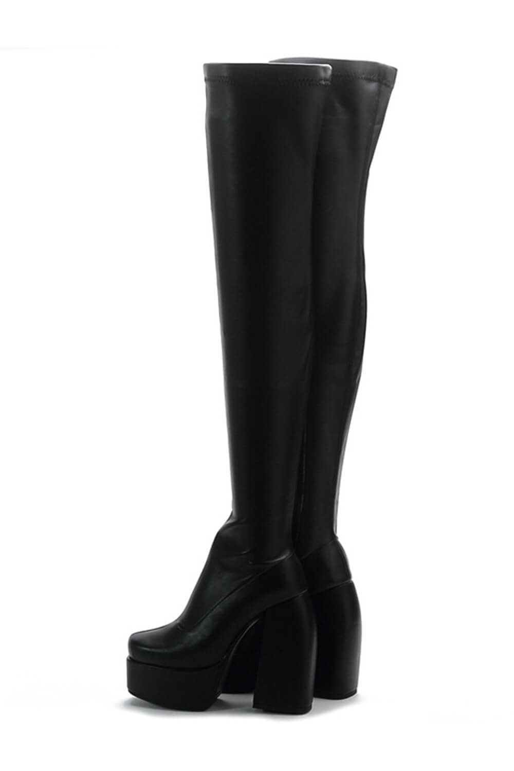 Faux Leather Square Toe Platform Block Heel Thigh High Boots