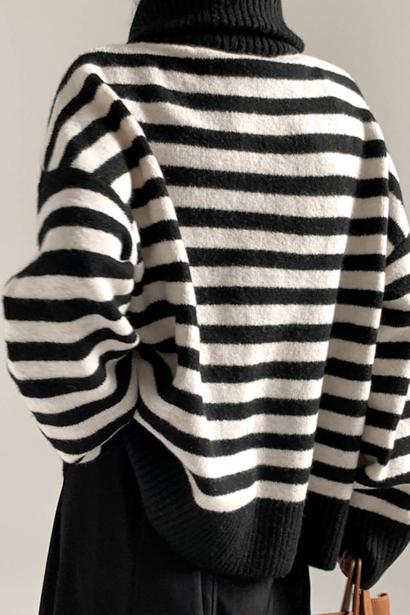 Monochrome Striped Zip Up Collar Detail Oversized Sweater