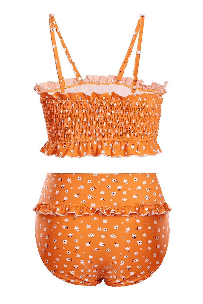 Orange Floral Smocked Ruffle Trim Bandeau Bikini Top – Floralkini