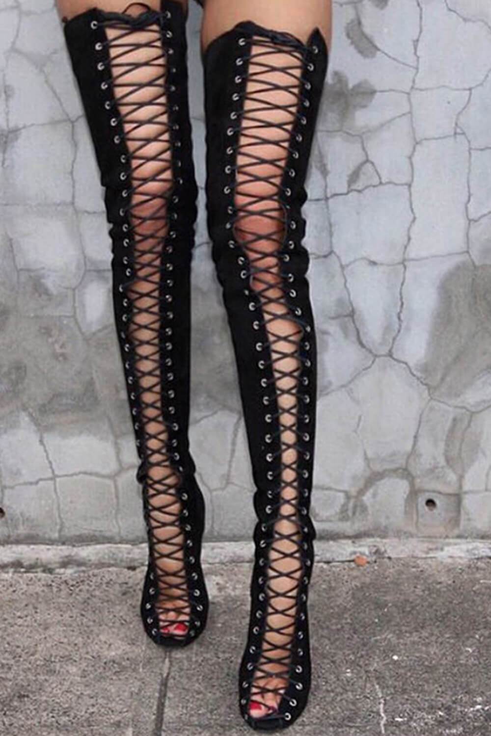 Black lace up thigh high boots online