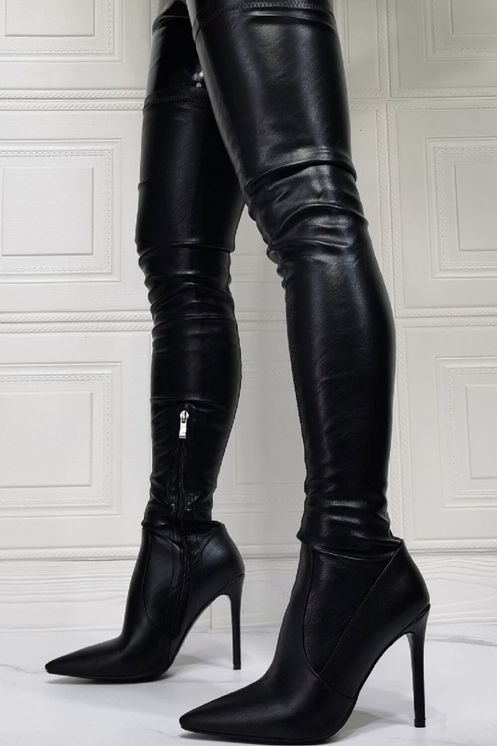 Black leather thigh high 2024 heels