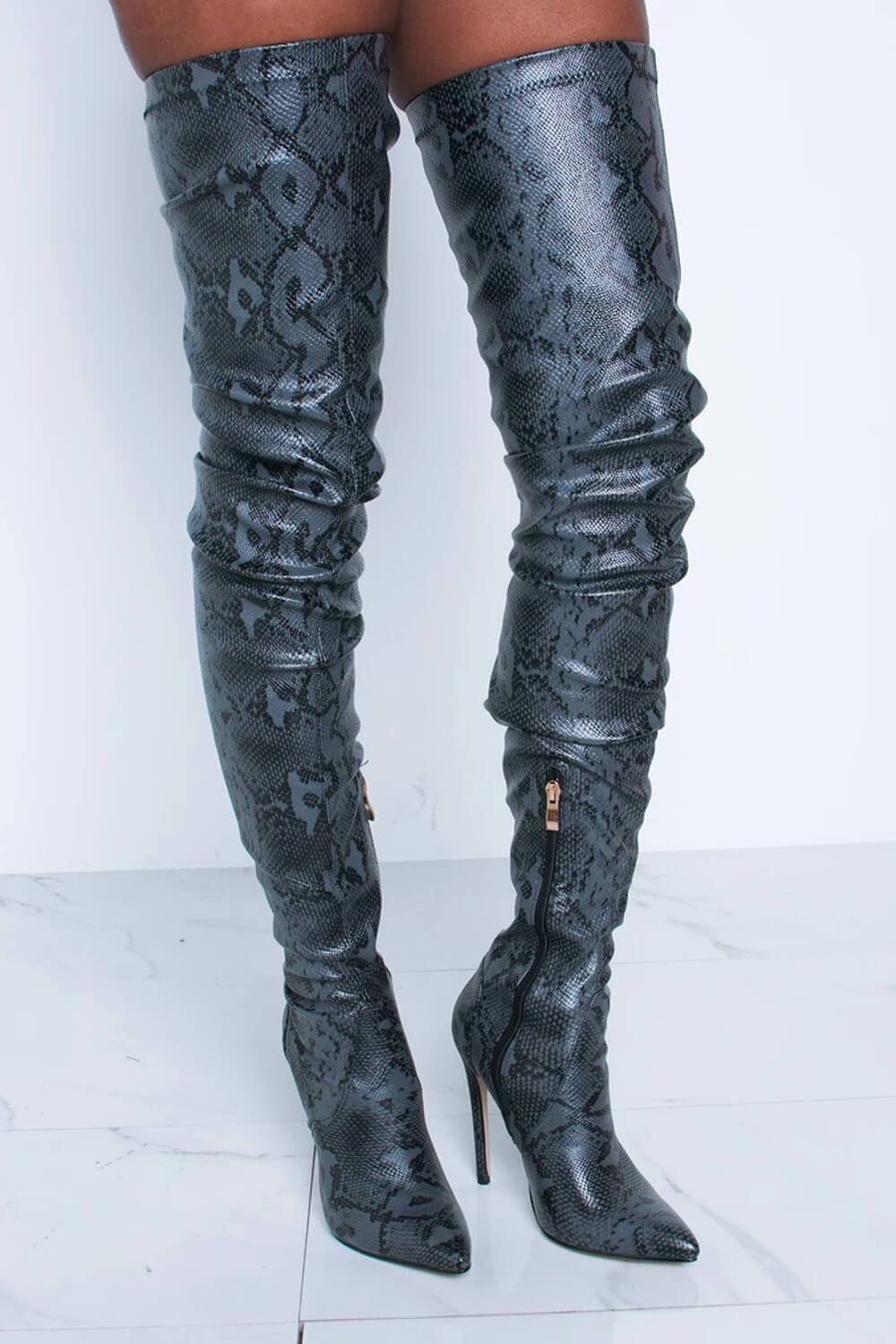 Grey snakeskin thigh high on sale boots